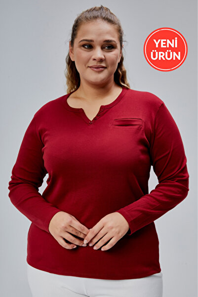 BANEGA Curve Plus Size 100% Cotton Lycra Crew Neck Basic Plain Long Sleeve Burgundy Blouse