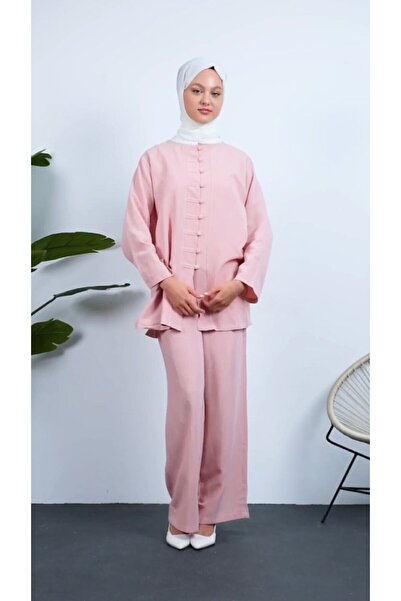 Duruvia boutique Women's Hijab Pink Buttoned Top and Bottom Set