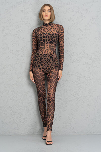 Kikiriki Ten Siyah Leopar Balıkçı Yaka Desenli Tül Tulum