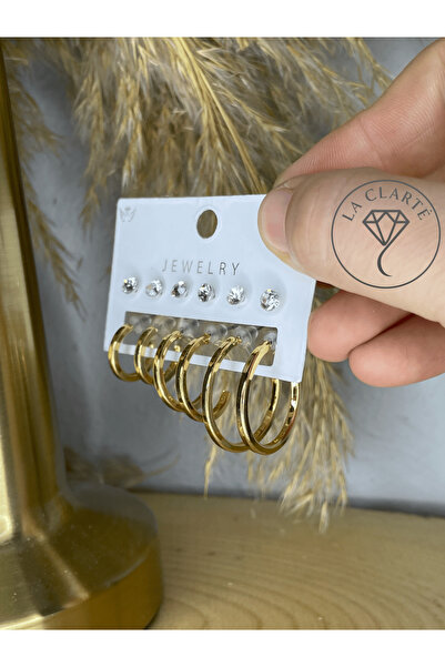 La Clarte Kadın Gold Altın Renk 6’lı Taş Detaylı Küpe Seti