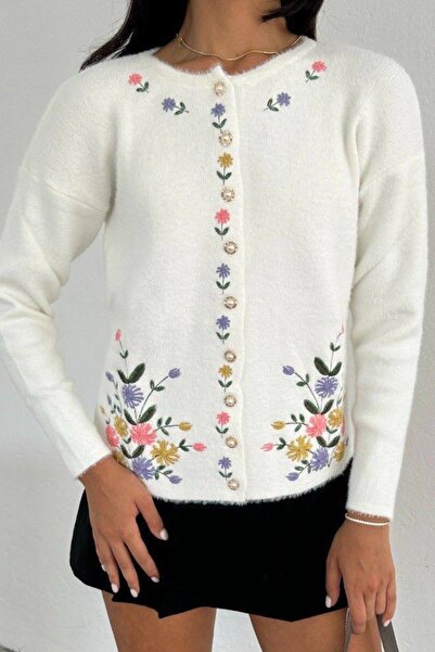 Ded COLLECTION Women's Colorful Embroidered Buttoned White Cardigan