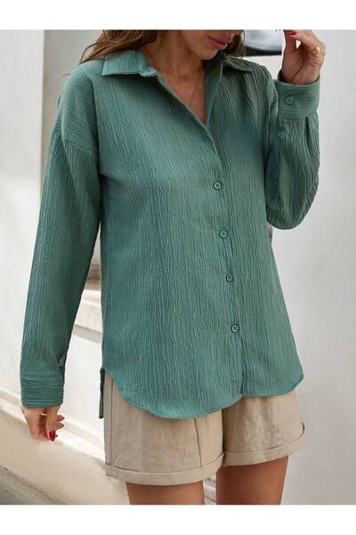 ZEYNEP RANA Women's Seersucker Pastel Green Long Sleeve Shirt