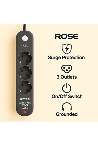 Rose 3'lü Akım Korumalı Priz Topraklamalı ve Çocuk Korumalı Anahtarlı Anti-St...