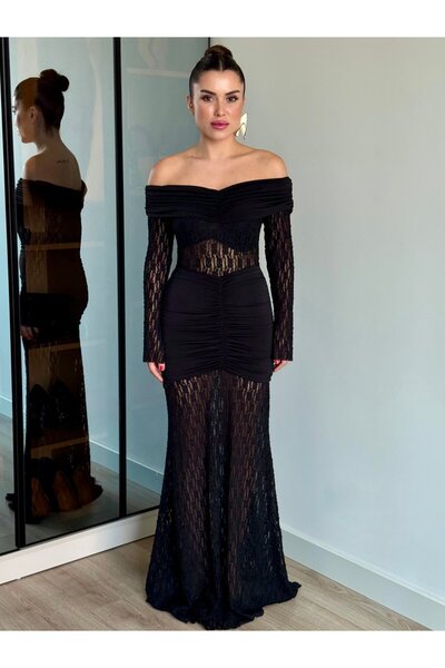 ROUPAS COLLECTİON Dantel Detay Madonna Yaka Elbise