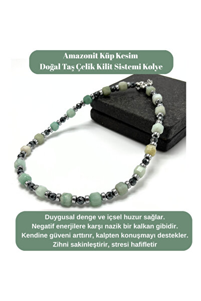 YILDIZ DOĞAL TAŞ SERTİFİKALI Amazonit Taşı Küp Kesim Doğal Taş Çelik Kilit Sistemi 8 mm Kolye