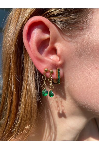 Hora Zirkon Zümrüt Gönülü Kare Form Gold Çelik Küpe