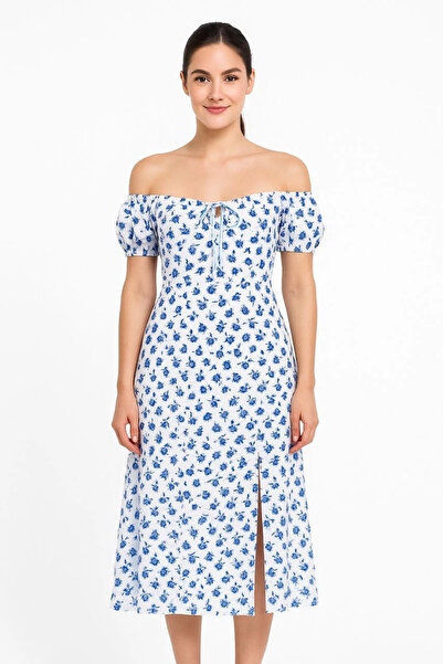 Flexium Bardot Off Shoulder Floral Patterned Dress - Patterned