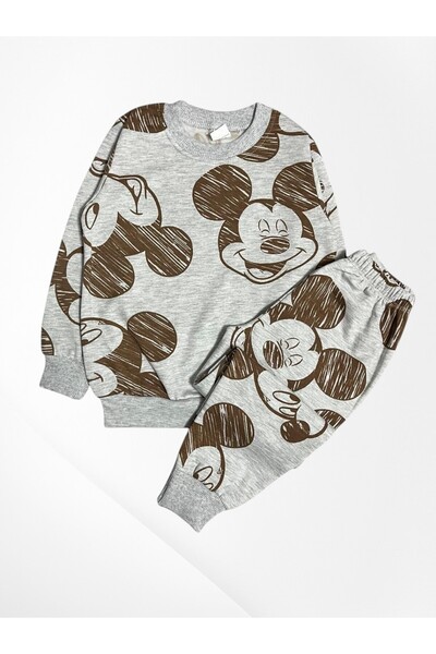 Pajama Shop Boy's Cotton Gray Mouse Head Patterned Long Sleeve Ribbed Winter Pajama Set