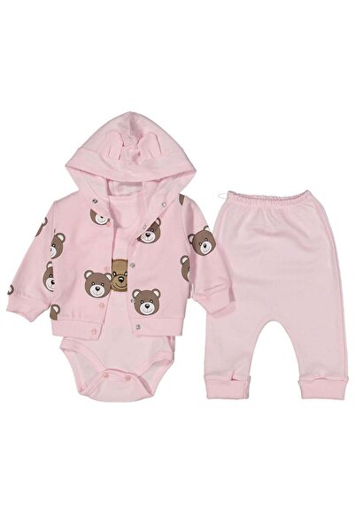bebegen Kız Bebek Pembe Kahve Ayıcıklı Hırkalı 3'lü Takım