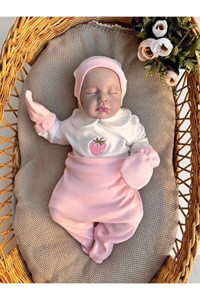 Mama Miel Baby Pembe Çilek Nakışlı Hastane Çıkışı Set (Body, Pantolon, Bere, ...