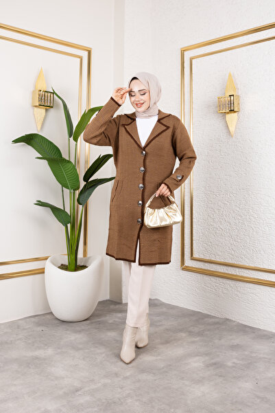 Eliva Women's Brown Buttoned Collared Winter Knitwear Hijab Cardigan