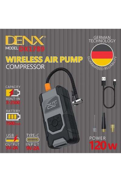 denix منفاخ هواء لاسلكي للسيارة بقوة 120 واط مع شاحن محمول 7500 DX1789