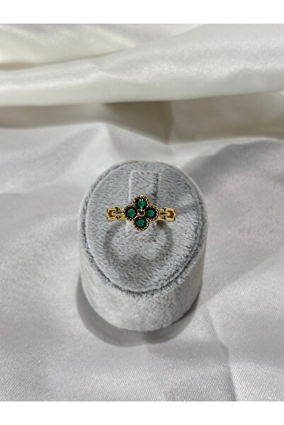 Uzak Işıklar Yonca yeşil zirkon taşlı gold çelik yüzük