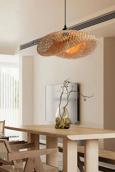 oceanpoint Doğal Bambu El Örmesi Avize, Elips Form Sarkıt, E27 Uyumlu, 60 cm