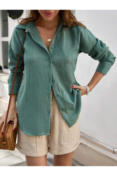 ZEYNEP RANA Women's Seersucker Pastel Green Long Sleeve Shirt