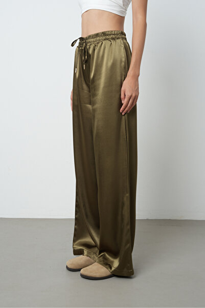 Orfeo Negro Women's Khaki Color Plain Satin Wide Leg Elastic Waist Trousers