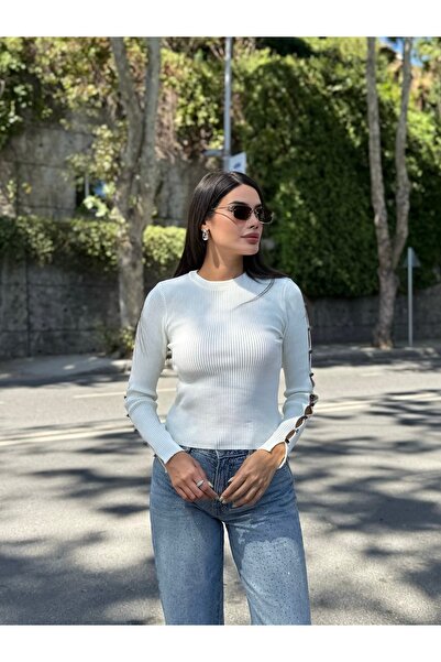 MODAMERSİ Pulover alb pentru femei, cu decolteu rotund, cu detalii pe mâneci, tricot cu nervuri