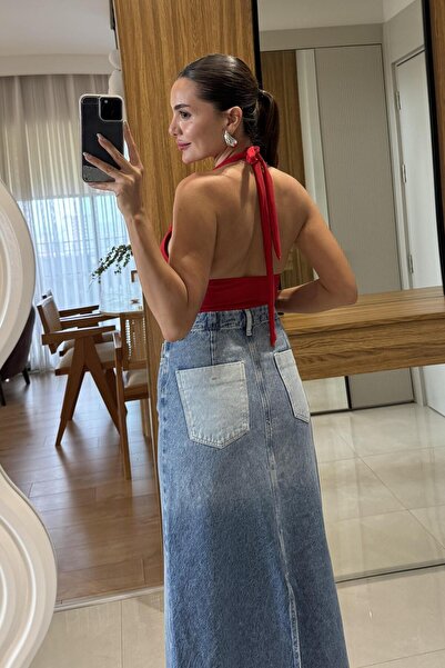 Gizem Ecemiş Loved Ön Dikiş Detaylı Denim Maxi Etek