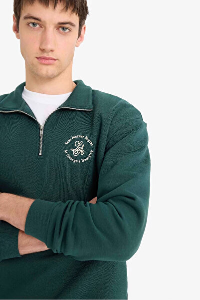 DeFacto Boxy Fit Stand Collar Zippered Printed Green Men's Sweatshirt E9416Ax/Gn536