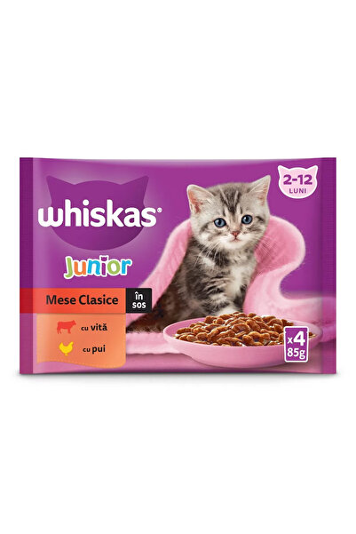 Whiskas Hrană umedă pentru pisici, Junior, pui și vită, 4 x 85 g