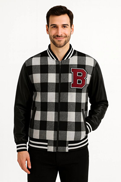 Exbob Men's College Jacket – Checkered Lumberjack Fabric, Faux Leather Sleeves, Zipper Closure, Quilted Lining Inside, Embroidered