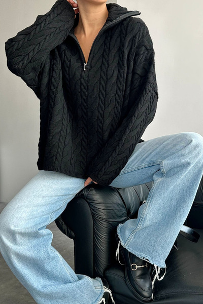 QUSTYLE Pulover supradimensionat pentru femei, negru, cu fermoar, cu model de...