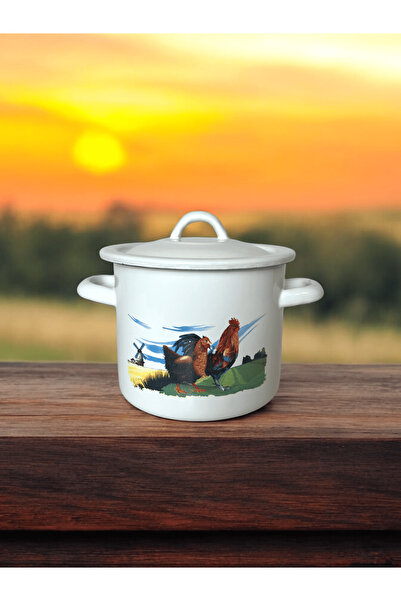 Emailul Oală emailată albă cu capac și decor tradițional cocoș