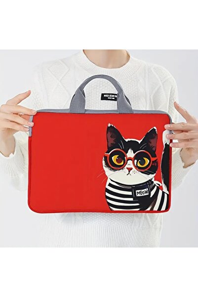 Dodemert Home Red Cat Themed Soft Fabric Zippered Protective Polyester Notebook Bag Case (38.1 cm)
