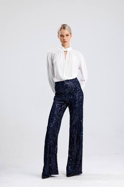 Sense Lined Elastic Wide-Leg Sequined Evening Dress Pants |   Pnt33970 Navy Blue