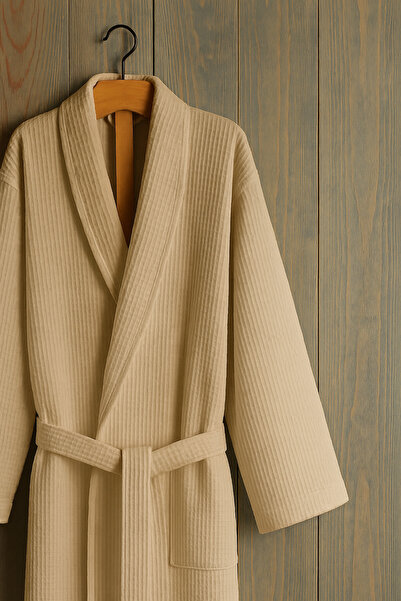 Formeya Premium Gofret Pattern Beige Luxury Bathrobe, Dowry Bathrobe, Standard Size - L/Xl.