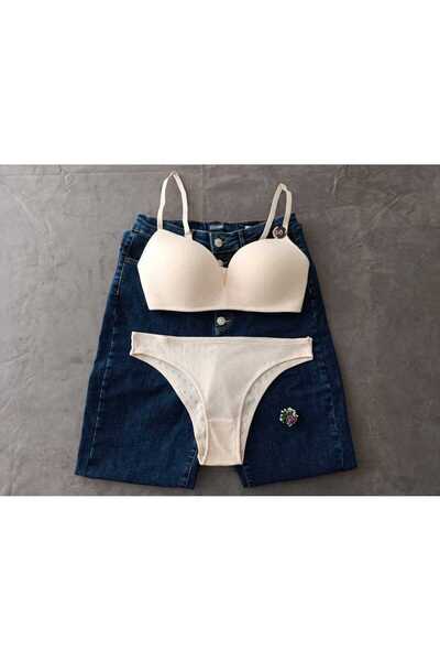 womensWorld1 طقم حمالة صدر بدون دعامات وبدون أسلاك بنمط مطبوع بلون كريمي