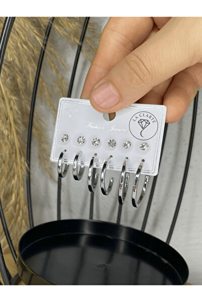 La Clarte Women's Silver Color 6-Piece Stone Detailed Hoop Earring Set