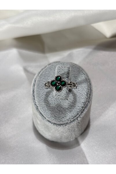 Uzak Işıklar Clover Green Zircon Stone Silver Steel Ring