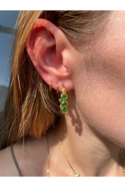 Hora Zümrüt Zirkon Sallantılı Gold Çelik Halka Küpe