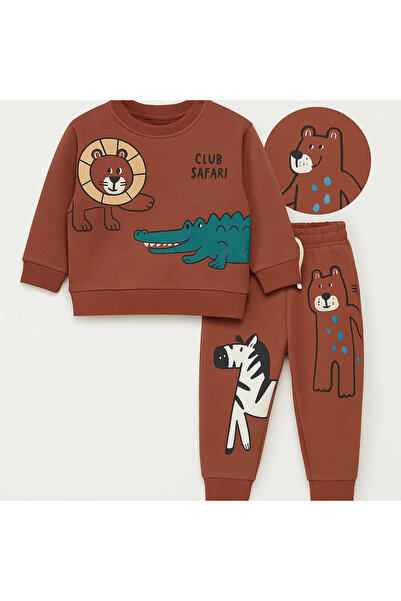 kidstalya Brown Crocodile Printed Sweatshirt Set