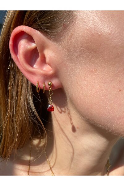 Hora Kalp Zirkon Yakut Sallantılı Minimal Gold Çelik Küpe