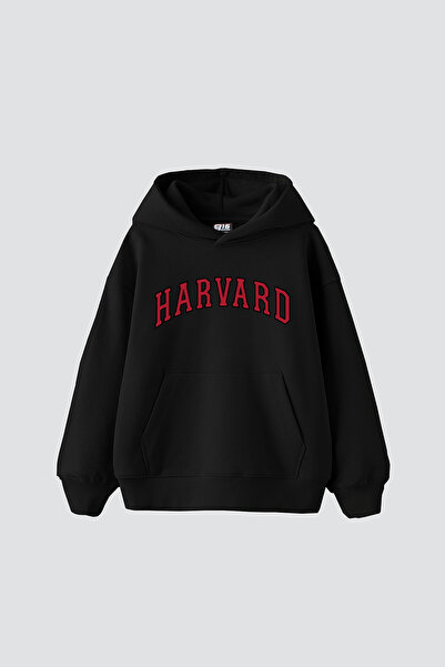 Bak Moda Hanorac negru oversize unisex cu imprimeu Harvard V2