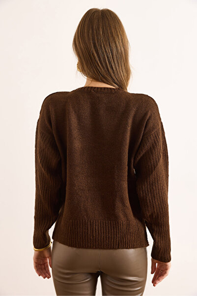 Olalook Дамски кафяв пуловер с мека текстура, с разрез и панделка KZK-19000991