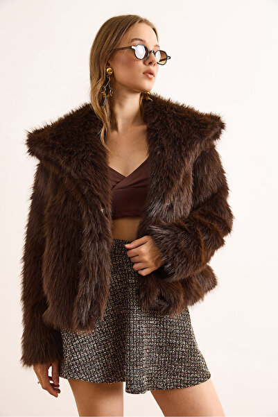 Olalook Women's Brown Lined Faux Fur Coat Mnt-19000049