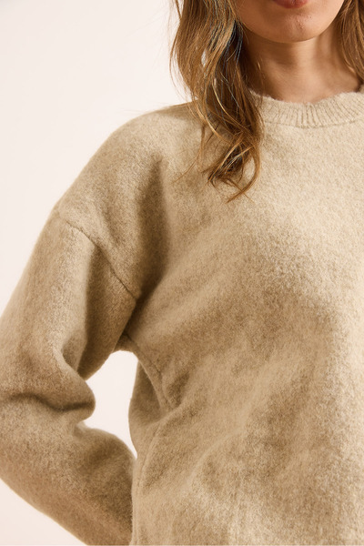 Olalook Women's Stone Crew Neck Soft Textured Relaxed Fit Sweater Kzk-19000992