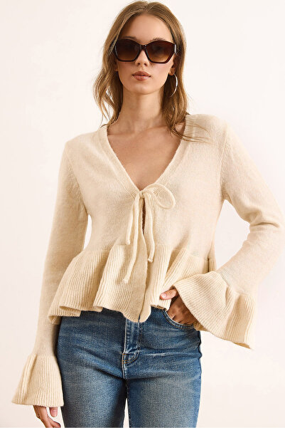 Olalook Women's Stone Front Lace-Up Soft Textured Spanish Sleeve Cardigan Hrk-19000395