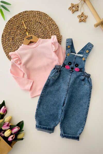 Minigimin Cicileri My Little One's Pink Ruffled Long Sleeve Blouse and Denim Suspender Rabbit Pattern Baby Girl 2-Piece Romper t