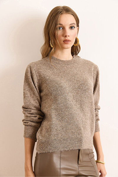Olalook Kadın Vizon İpliği Pullu Yumuşak Dokulu Triko Kazak KZK-19000994