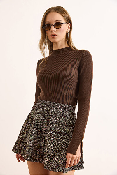 Olalook Women's Brown Stand Collar Cuff Slit Button Detailed Knitwear Sweater Kzk-19000995