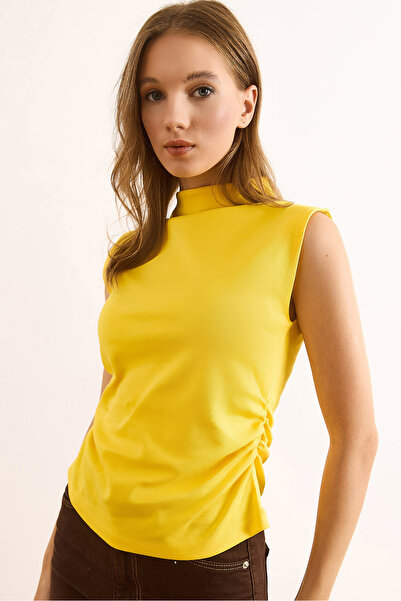 Olalook Women's Yellow Drape Detailed Stand Collar Interlock Crop Blouse Blz-19003107