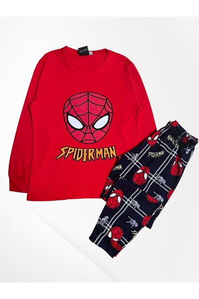 Pajama Shop Boy's 100% Cotton Combed Cotton Red Spider Patterned Long Sleeve Winter Pajama Set