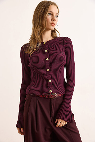 Olalook Women's Plum Gold Buttoned Spanish Sleeve Ribbed Cardigan Hrk-19000388