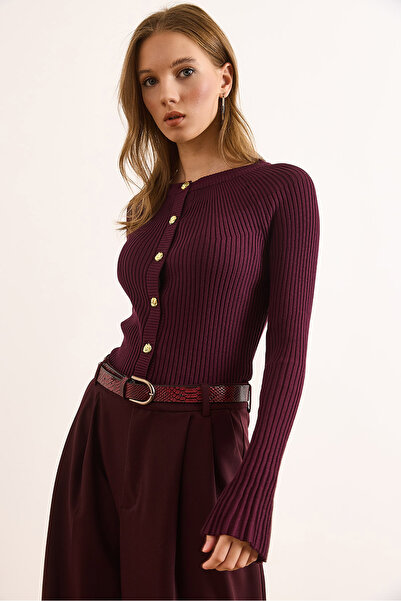 Olalook Women's Plum Gold Buttoned Spanish Sleeve Ribbed Cardigan Hrk-19000388