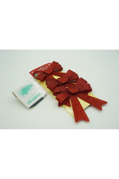 Teo Set of 3 Christmas tree bows, Red, with glitter, 10 x 11 cm, made of polyester