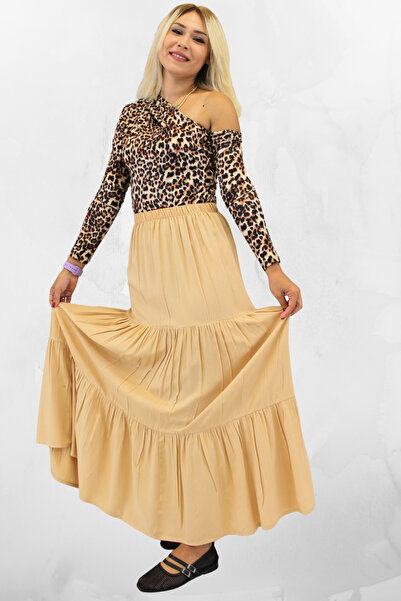 SHE BEST FUSTA LUNGĂ DE FEMEI, CU TĂIȚELE CONFORTABILE, DIN ȚESUT DE VISCOZĂ, CU ELASTIC LA TĂIȚELE, CU VOLANĂ